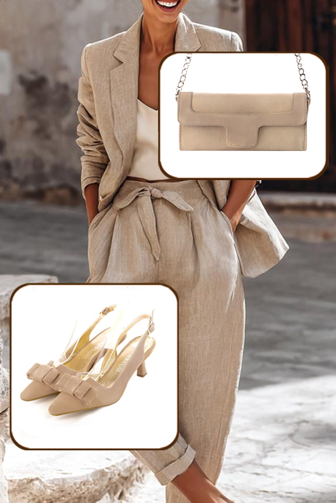 Women's tan beige elegant slingback heels, with a bow on the front. Tapered toe. Medium spool heels - Worn view